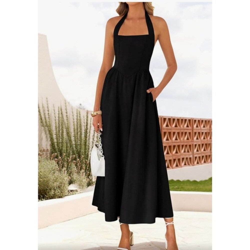 Zesica Womens XL Halter Maxi Dress Black Smocked Back Casual Beach Vacation Sexy